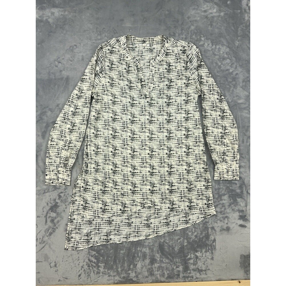 Pleione Blouse Womens Size XS Black Cream Abstract Grid Asymmetrical Tunic Top